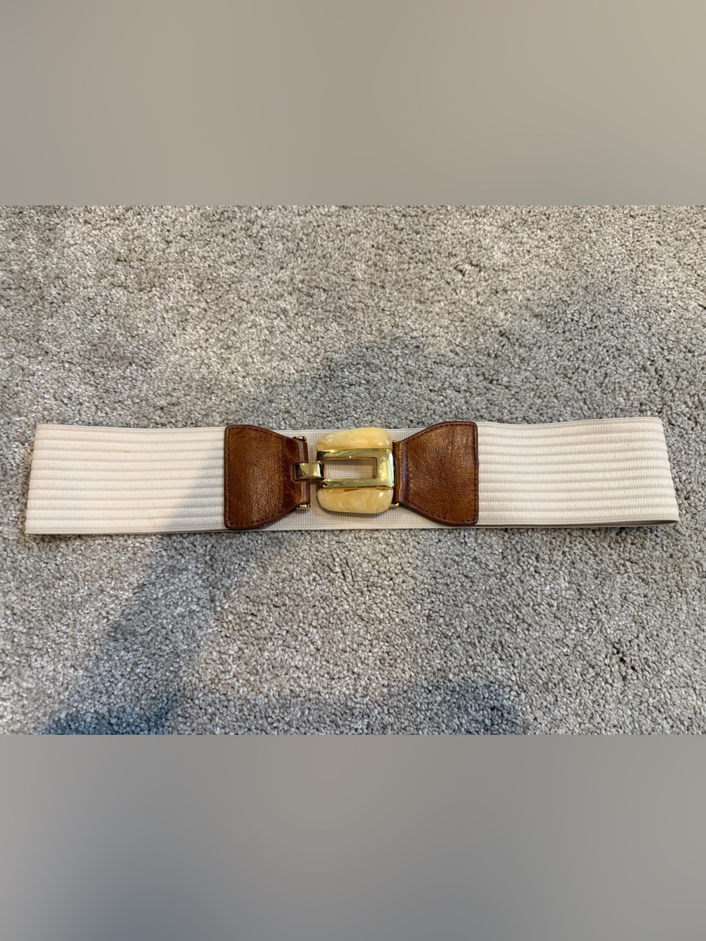 Chinese Laundry Cream Stretch Belt with Brown Leather, Bone and Gold Accents